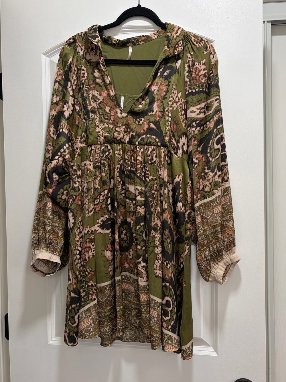 Free People "Say You Love Me" Mini Dress – Green Paisley Boho Babydoll.
